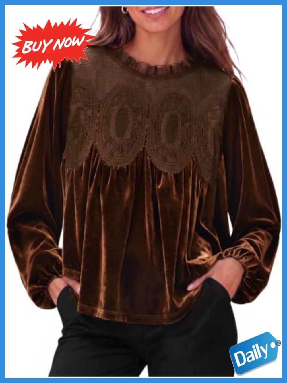 Velvet Babydoll Blouse Puff Sleeve Lace Ruffle Flowy Top